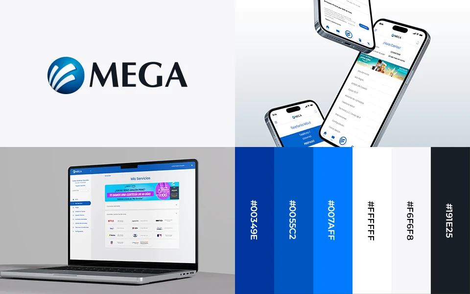 Identidad Visual de Mega implementado en Mega App y Servicios en Linea para escritorio.